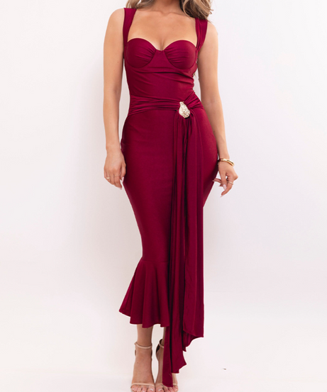 Siren Black Halter Midi Dress - Gold Glamour & Asymmetrical Drape for Holiday Soirées