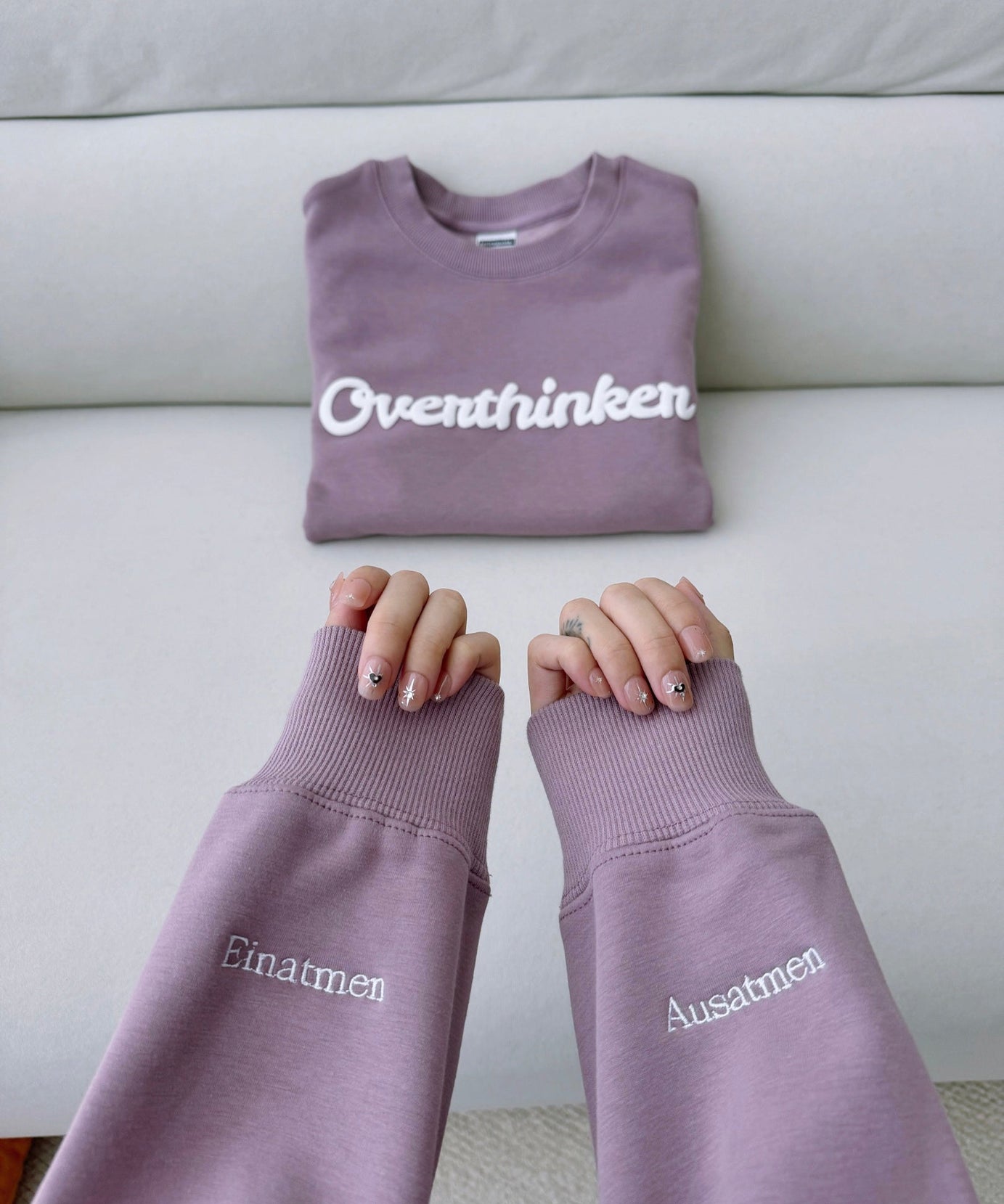 Overthinker Cozy Lavender Crewneck Sweatshirt | Mindful "Breathe In, Breathe Out" Cuffs