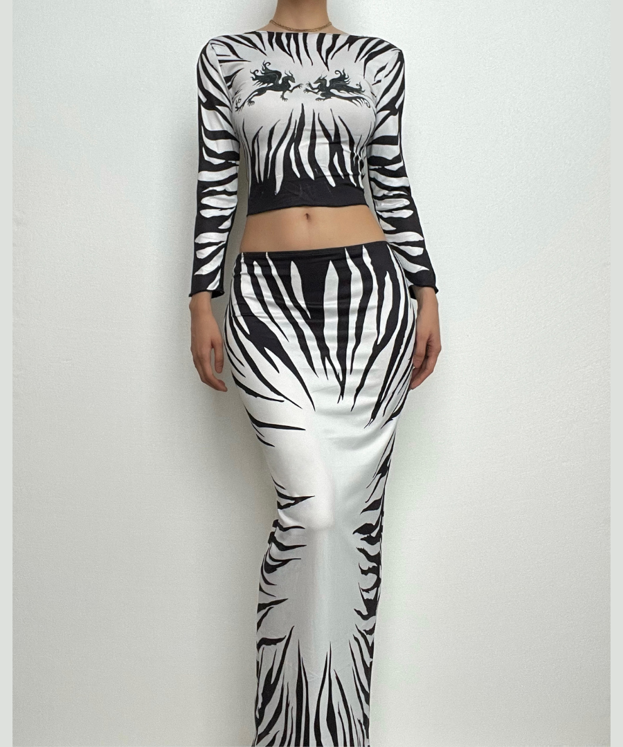 Fall Glam: Zebra Print Two-Piece Maxi Skirt Set with Mythical Graphic Crop Top - Statement Co-ord for Women