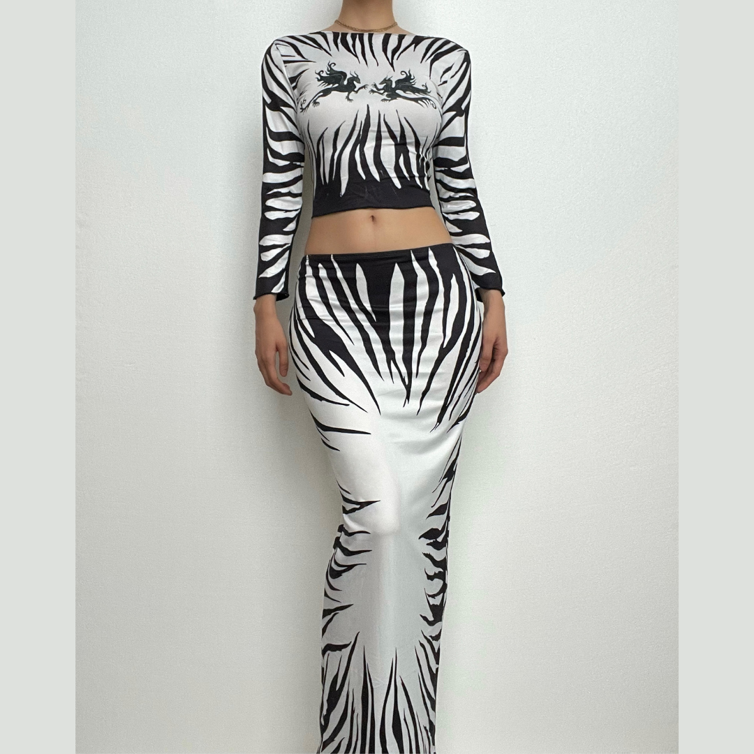 Fall Glam: Zebra Print Two-Piece Maxi Skirt Set with Mythical Graphic Crop Top - Statement Co-ord for Women