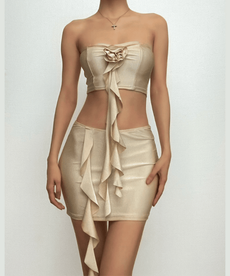 Glamorous Champagne Ruffle Floral Two-Piece Set | Your Holiday Party & Night Out Essential