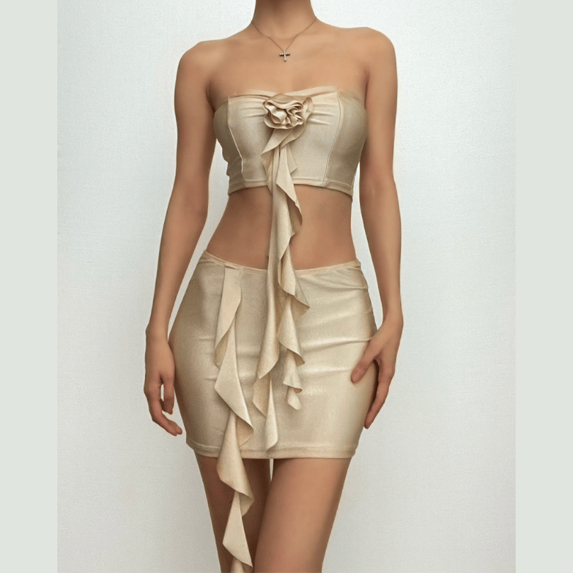 Glamorous Champagne Ruffle Floral Two-Piece Set | Your Holiday Party & Night Out Essential