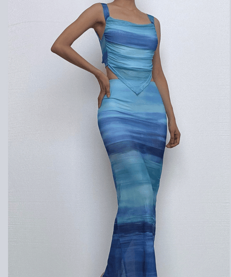 Oceanic Ombre Mesh Cami & Midi Skirt Set - Chic Vacation & Fall Getaway Essential