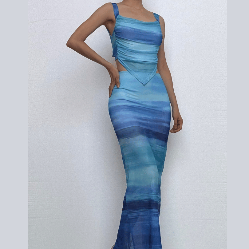 Oceanic Ombre Mesh Cami & Midi Skirt Set - Chic Vacation & Fall Getaway Essential