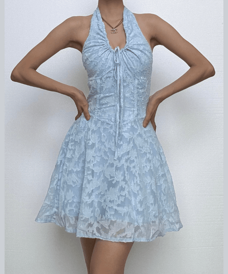 Effortlessly Chic Light Blue Halter Mini Dress - Textured & Ruched for Fall Events & Resort Getaways