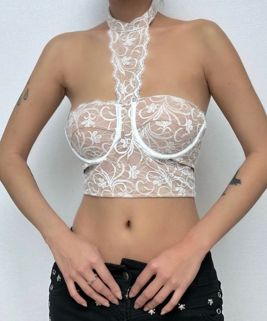 Alluring White Lace Halter Crop Top | Backless & Chic for Fall & Holiday Parties