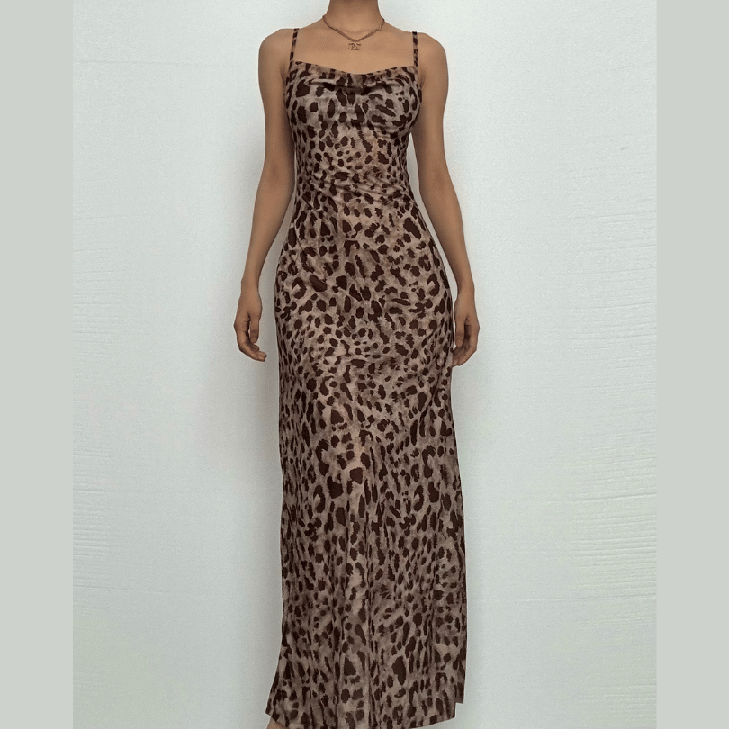 Autumn Allure: Leopard Print Cowl Neck Cami Maxi Dress - Your Fall & Holiday Statement