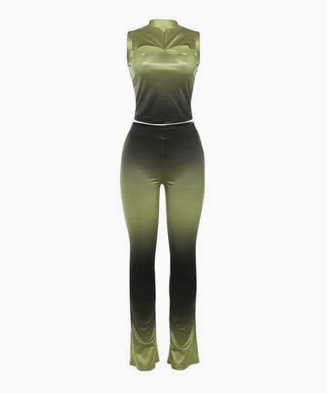 Fall Ombre Chic: Sleeveless Mock Neck Crop Top & Flared Pant Set