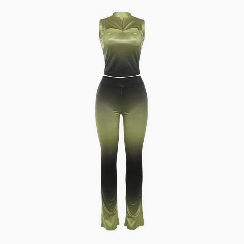 Fall Ombre Chic: Sleeveless Mock Neck Crop Top & Flared Pant Set