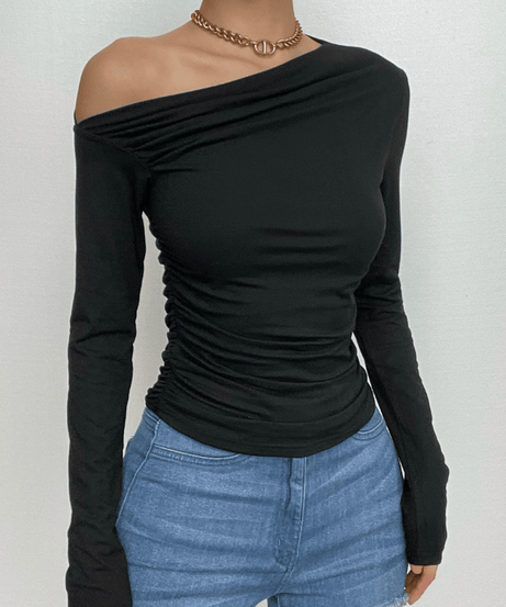 Chic Fall Nights: Asymmetrical Ruched Off-Shoulder Top – Your Essential Black Long Sleeve