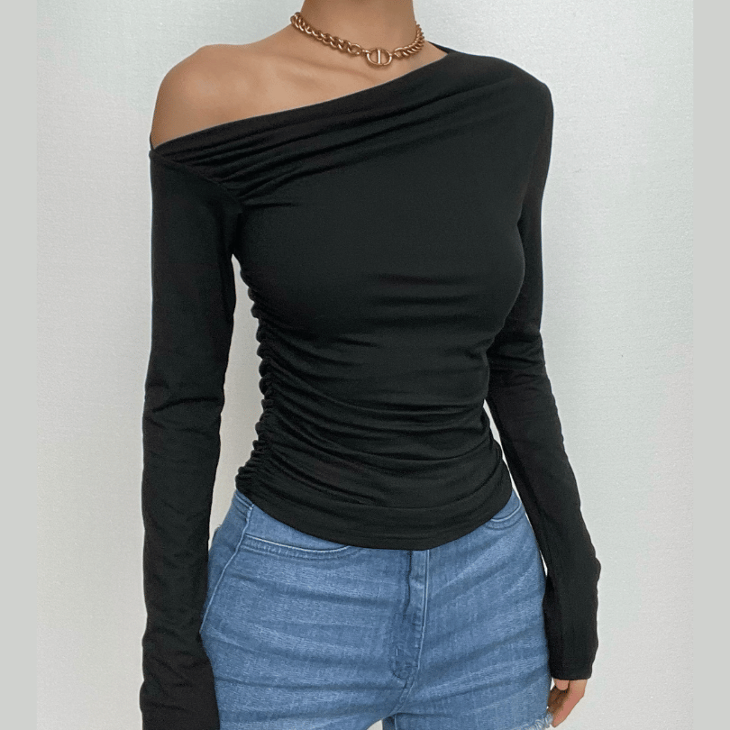 Chic Fall Nights: Asymmetrical Ruched Off-Shoulder Top – Your Essential Black Long Sleeve