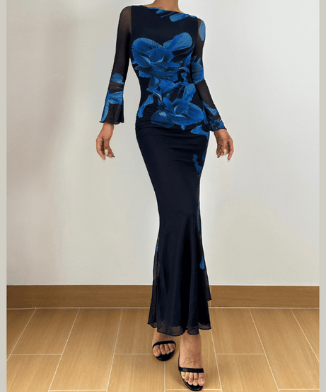 Enchanting Cobalt Floral Mesh Maxi Dress - Your Statement Piece for Fall & Holiday Galas