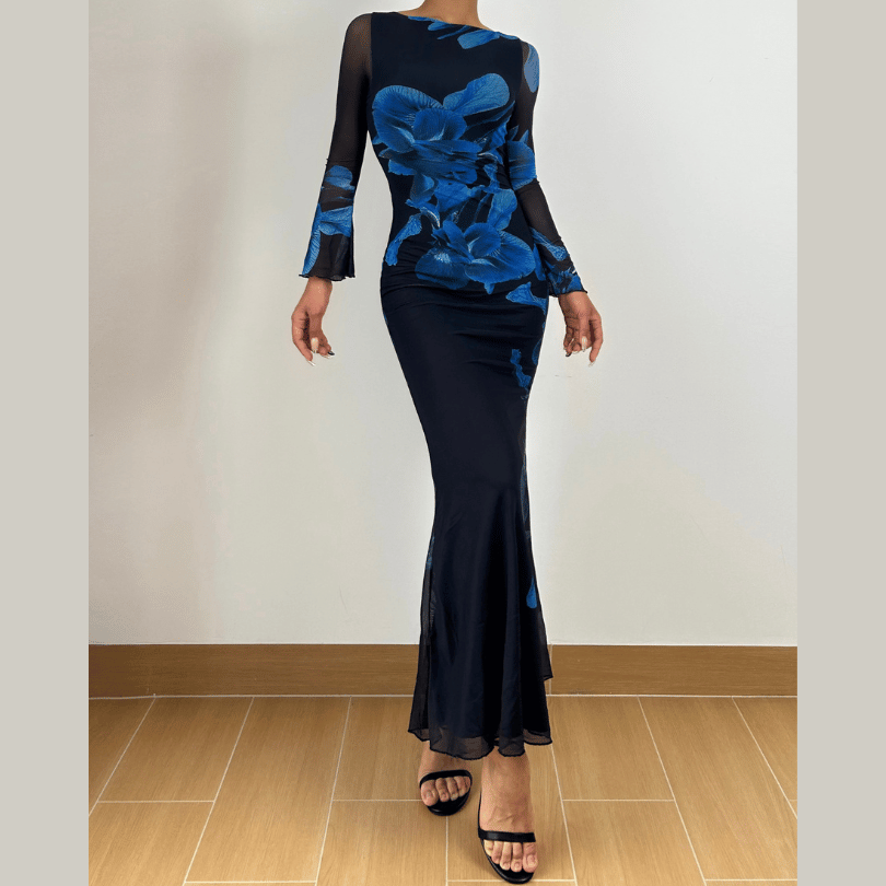 Enchanting Cobalt Floral Mesh Maxi Dress - Your Statement Piece for Fall & Holiday Galas
