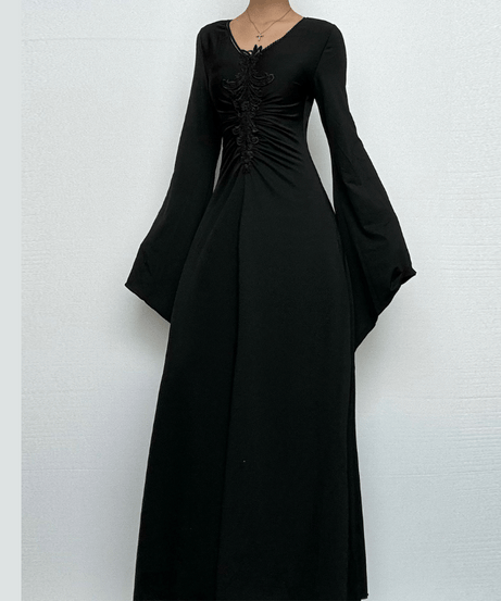 Enchanted Bell Sleeve Black Maxi Dress | Gothic V-Neck Embroidery for Fall & Halloween