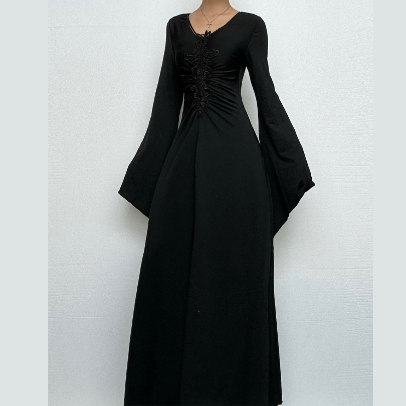 Enchanted Bell Sleeve Black Maxi Dress | Gothic V-Neck Embroidery for Fall & Halloween