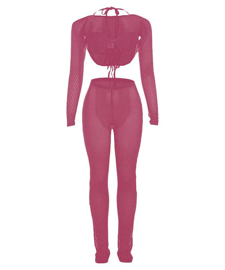 Fall Getaway Essential: Sheer Ribbed Knit Halter Crop Top & High-Waist Leggings Set - Resort & Festival Ready