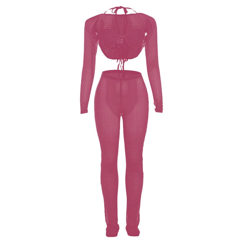 Fall Getaway Essential: Sheer Ribbed Knit Halter Crop Top & High-Waist Leggings Set - Resort & Festival Ready