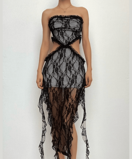 Gothic Enchantress Black Lace Cut-Out Midi Dress - Perfect for Halloween & Fall Parties