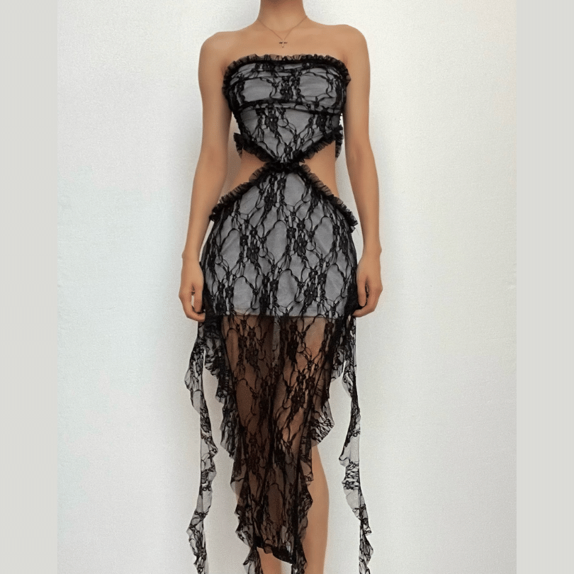 Gothic Enchantress Black Lace Cut-Out Midi Dress - Perfect for Halloween & Fall Parties