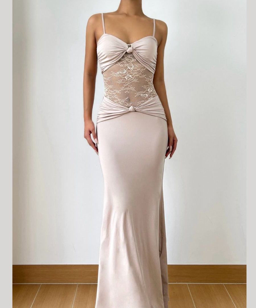 Autumn Allure: Elegant Ruched Lace Panel Cami Maxi Dress - Holiday Party & Gala Ready