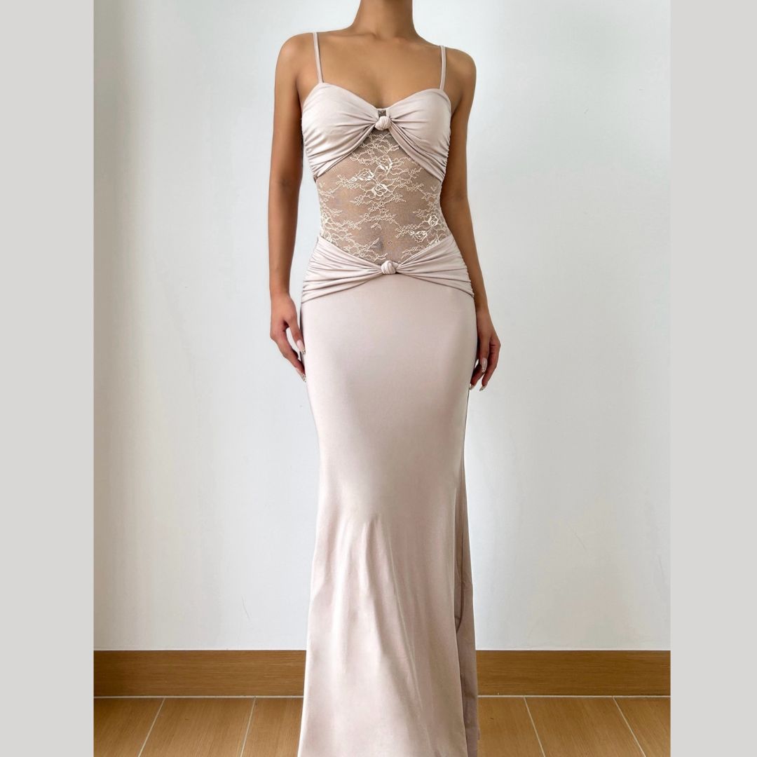 Autumn Allure: Elegant Ruched Lace Panel Cami Maxi Dress - Holiday Party & Gala Ready
