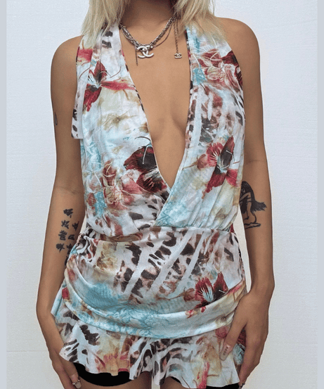 Daring Fall Floral & Leopard Halter Mini Dress - Deep V Mesh Party Style