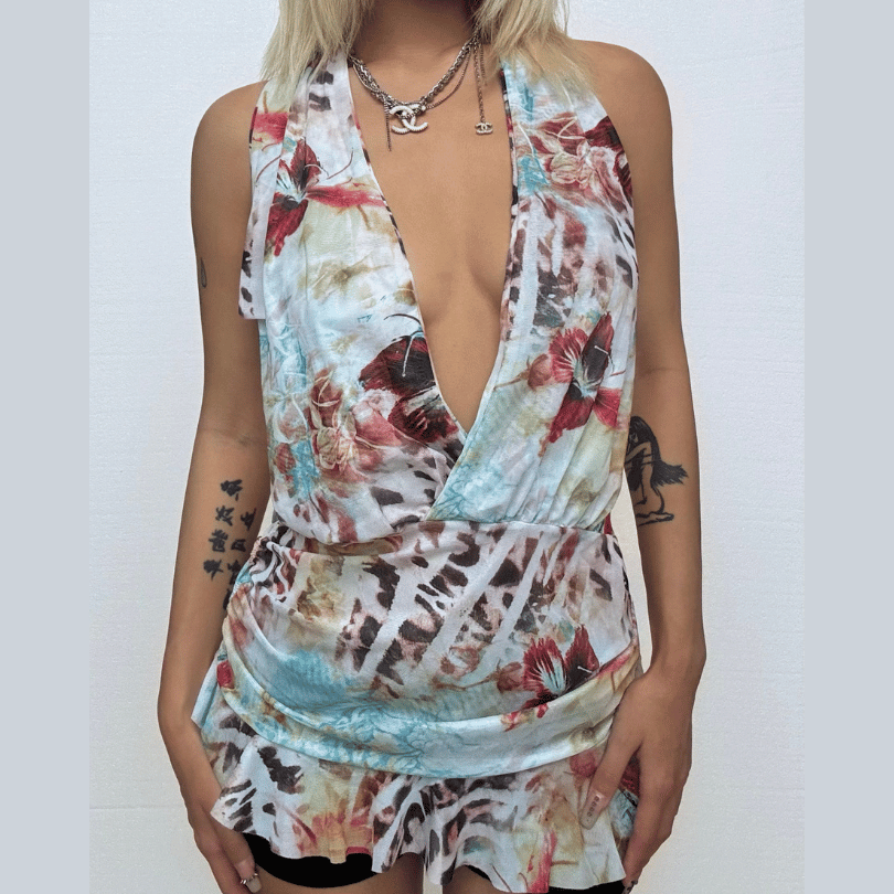 Daring Fall Floral & Leopard Halter Mini Dress - Deep V Mesh Party Style