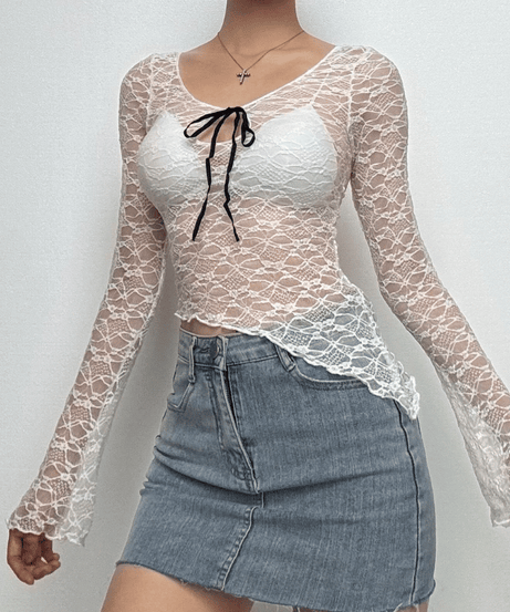 Romantic Lace Bow Front Asymmetrical Bell Sleeve Top - Fall's Must-Have Sheer Layer