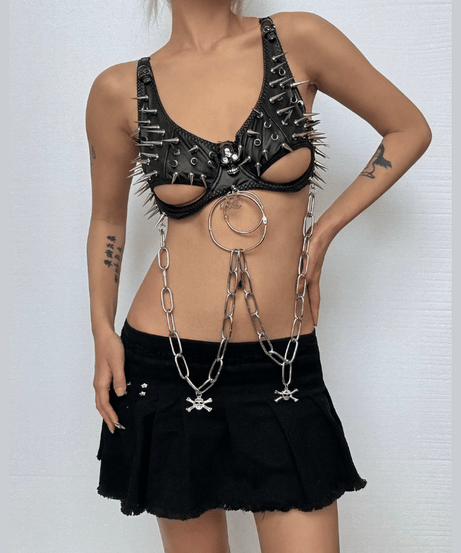 Unleash Your Dark Siren: Spiked & Chained Gothic Lingerie Set - Halloween & Festival Ready