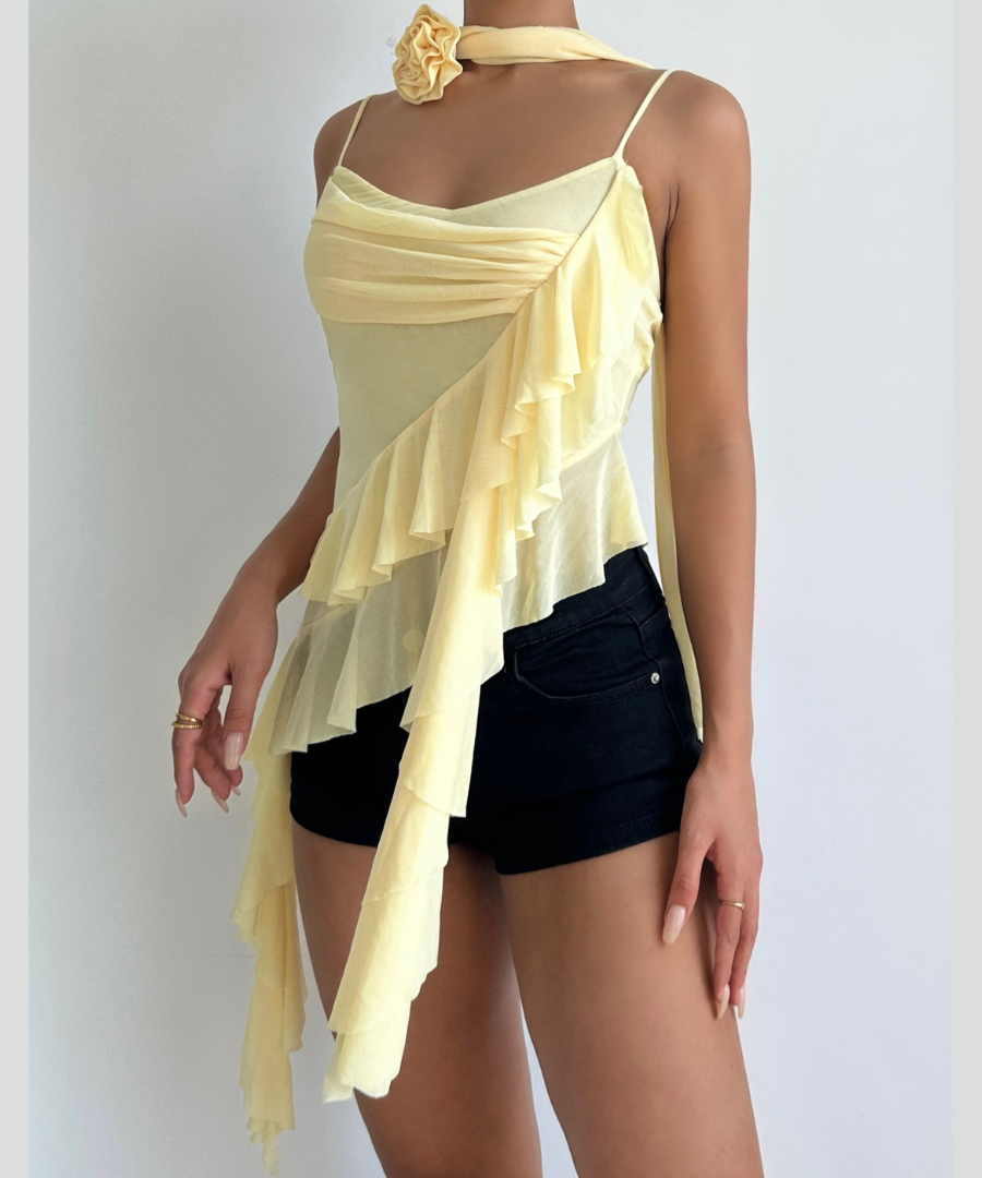 Golden Hour Goddess Ruffle Mesh Cami Top & Floral Choker Set – Fall's Whimsical Statement Piece
