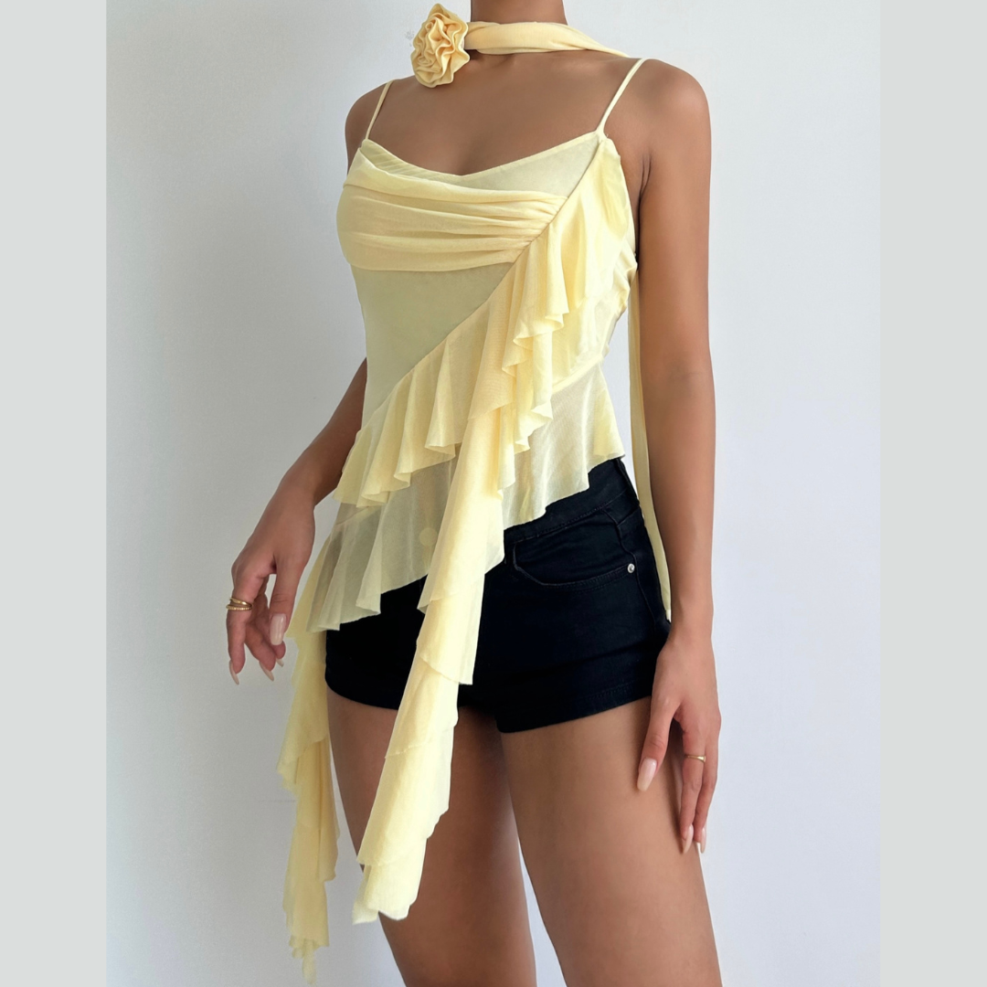 Golden Hour Goddess Ruffle Mesh Cami Top & Floral Choker Set – Fall's Whimsical Statement Piece