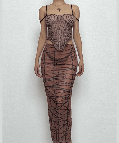 Bewitching Sheer Mesh Spiderweb Print Cami & Midi Skirt Set - Your Ultimate Fall & Halloween Statement
