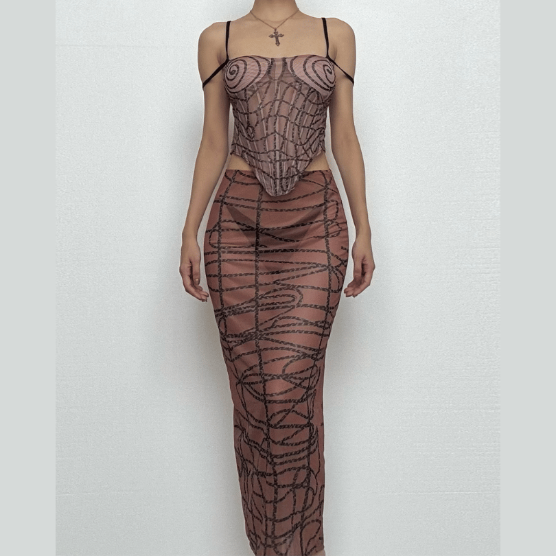 Bewitching Sheer Mesh Spiderweb Print Cami & Midi Skirt Set - Your Ultimate Fall & Halloween Statement