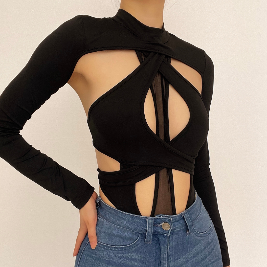Edgy Long Sleeve Cutout Mesh Bodysuit - Your Daring Night Out & Halloween Statement Piece