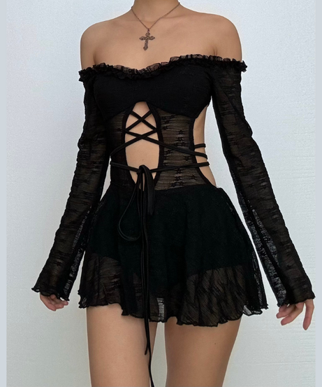 Sultry Black Lace Off-Shoulder Mini Dress | Corset-Tie Cut-Out | Fall Party & Halloween Ready