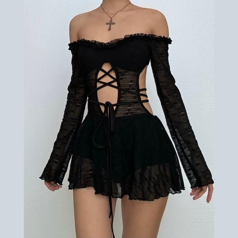 Sultry Black Lace Off-Shoulder Mini Dress | Corset-Tie Cut-Out | Fall Party & Halloween Ready