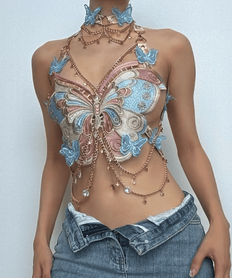 Enchanted Butterfly Halter Top & Body Chain with Choker | Festival Rave & Halloween Statement Piece