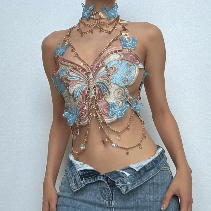 Enchanted Butterfly Halter Top & Body Chain with Choker | Festival Rave & Halloween Statement Piece