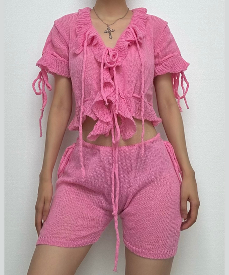 Sweetheart Pink Ruffle Knit Set - Adjustable Crop Top & Shorts | Cozy Fall Chic