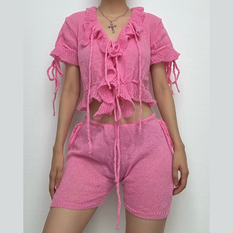 Sweetheart Pink Ruffle Knit Set - Adjustable Crop Top & Shorts | Cozy Fall Chic