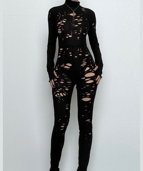 Edgy Distressed Black Jumpsuit for Women - High-Neck & Thumbhole, Perfect for Halloween & Fall Nights