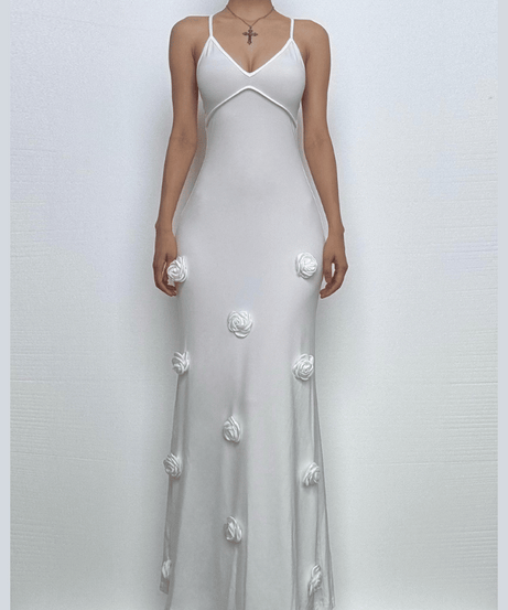 Elegant White Rose Applique Maxi Slip Dress - Perfect for Holiday Soirees & Bridal Moments