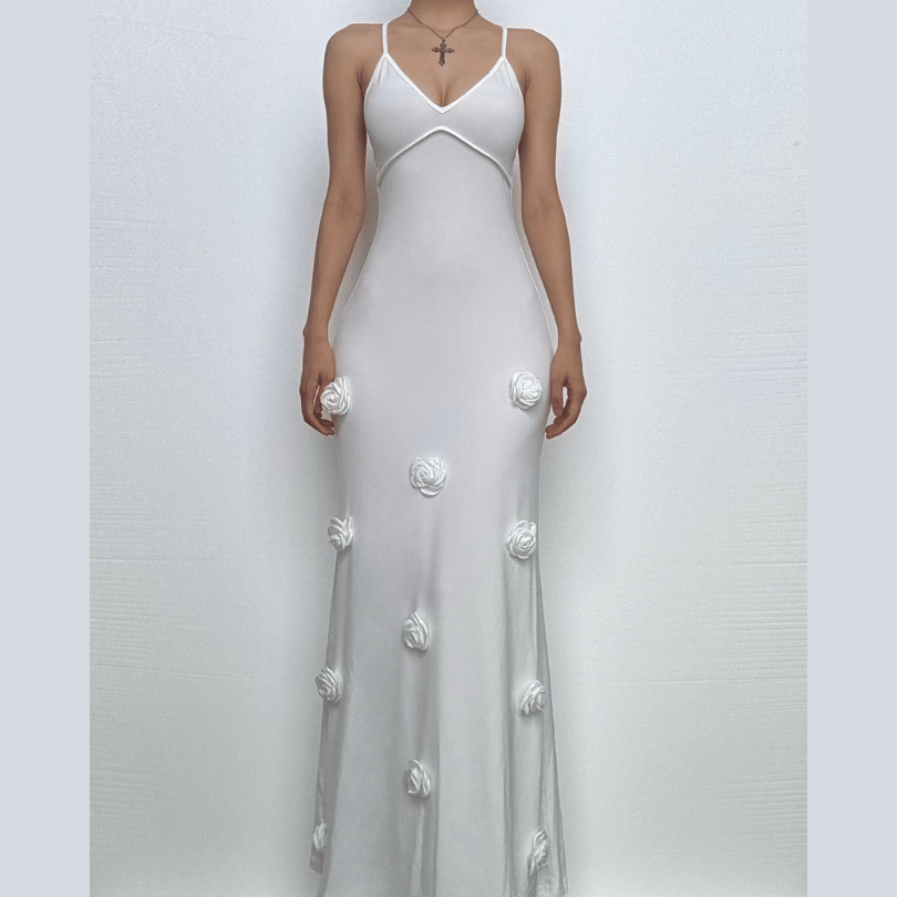 Elegant White Rose Applique Maxi Slip Dress - Perfect for Holiday Soirees & Bridal Moments