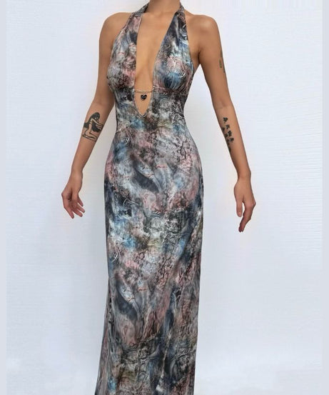 Mesmerizing Marbled Halter Maxi Dress - Deep V-Neck | Perfect for Fall Events & Holiday Getaways