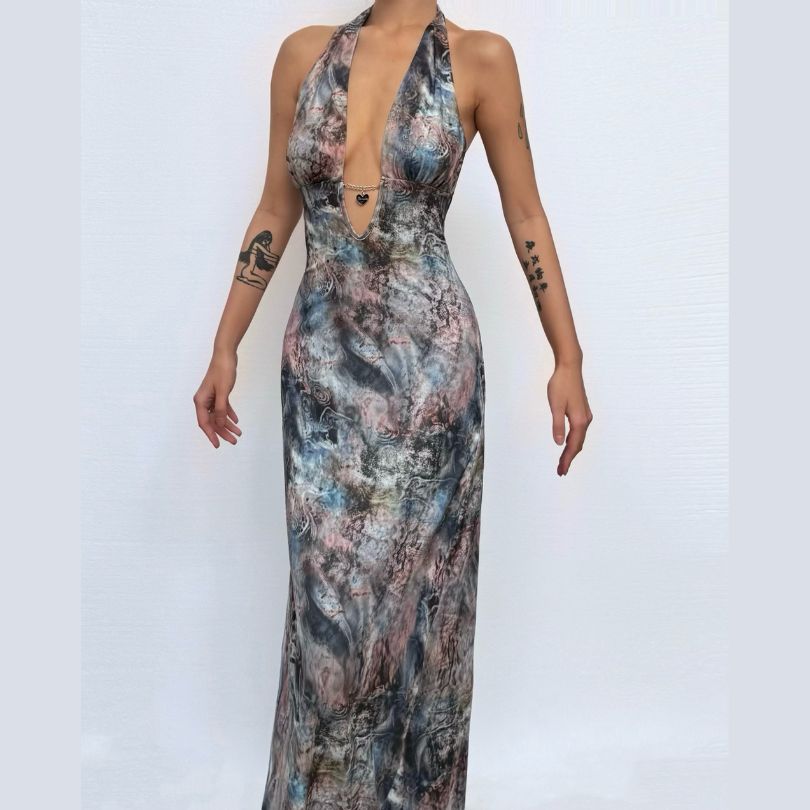 Mesmerizing Marbled Halter Maxi Dress - Deep V-Neck | Perfect for Fall Events & Holiday Getaways