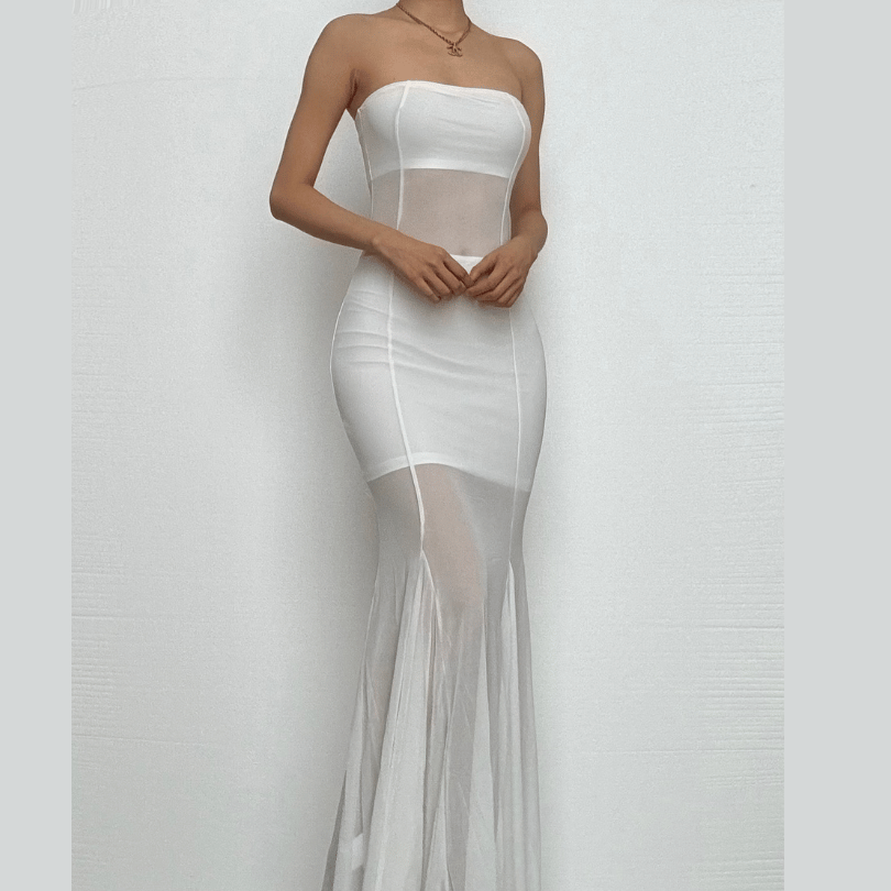 Siren White Strapless Mesh Illusion Maxi Dress - Elegant Fall/Winter Soiree Gown