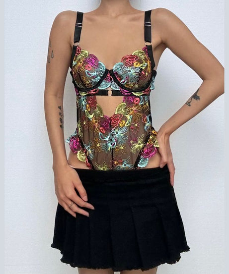 Vibrant Bloom Embroidered Mesh Bodysuit – Your Chic Fall & Holiday Statement Piece