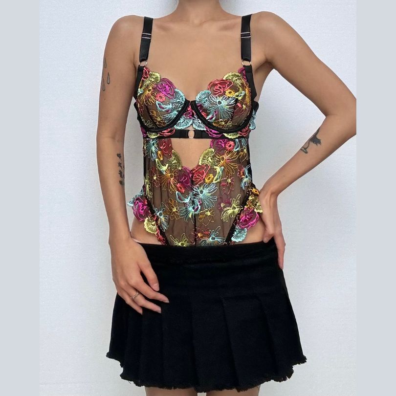 Vibrant Bloom Embroidered Mesh Bodysuit – Your Chic Fall & Holiday Statement Piece