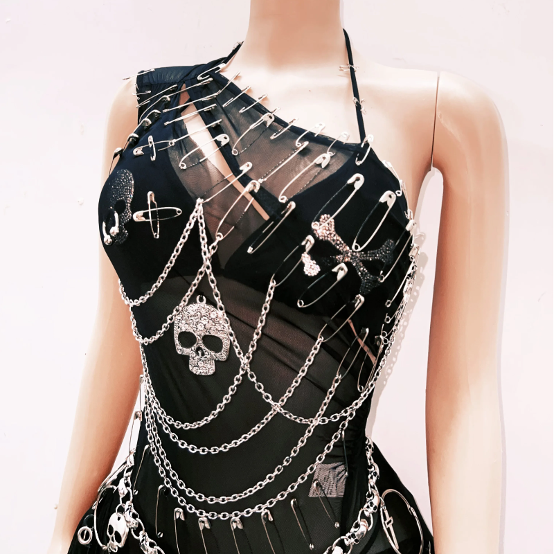 Gothic Glam Skull & Chain Jumpsuit for Women - Edgy Halloween & Festival Outfit