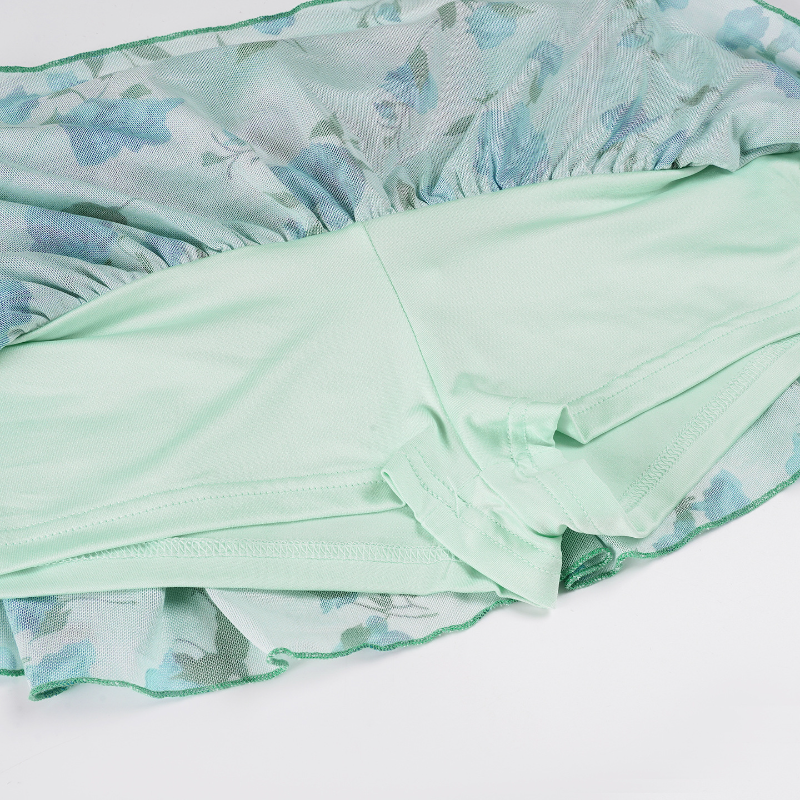 Y2K Coquette Blue Floral Ruffle Mini Skirt - Lace Trim & Bow Detail for Flirty Fall Style